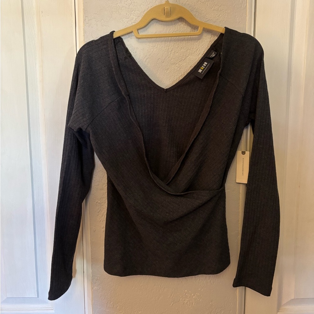 NWT Anthro Maeve Charcoal Dark Gray Ribbed V-Neck Cross Blouse Size Medium